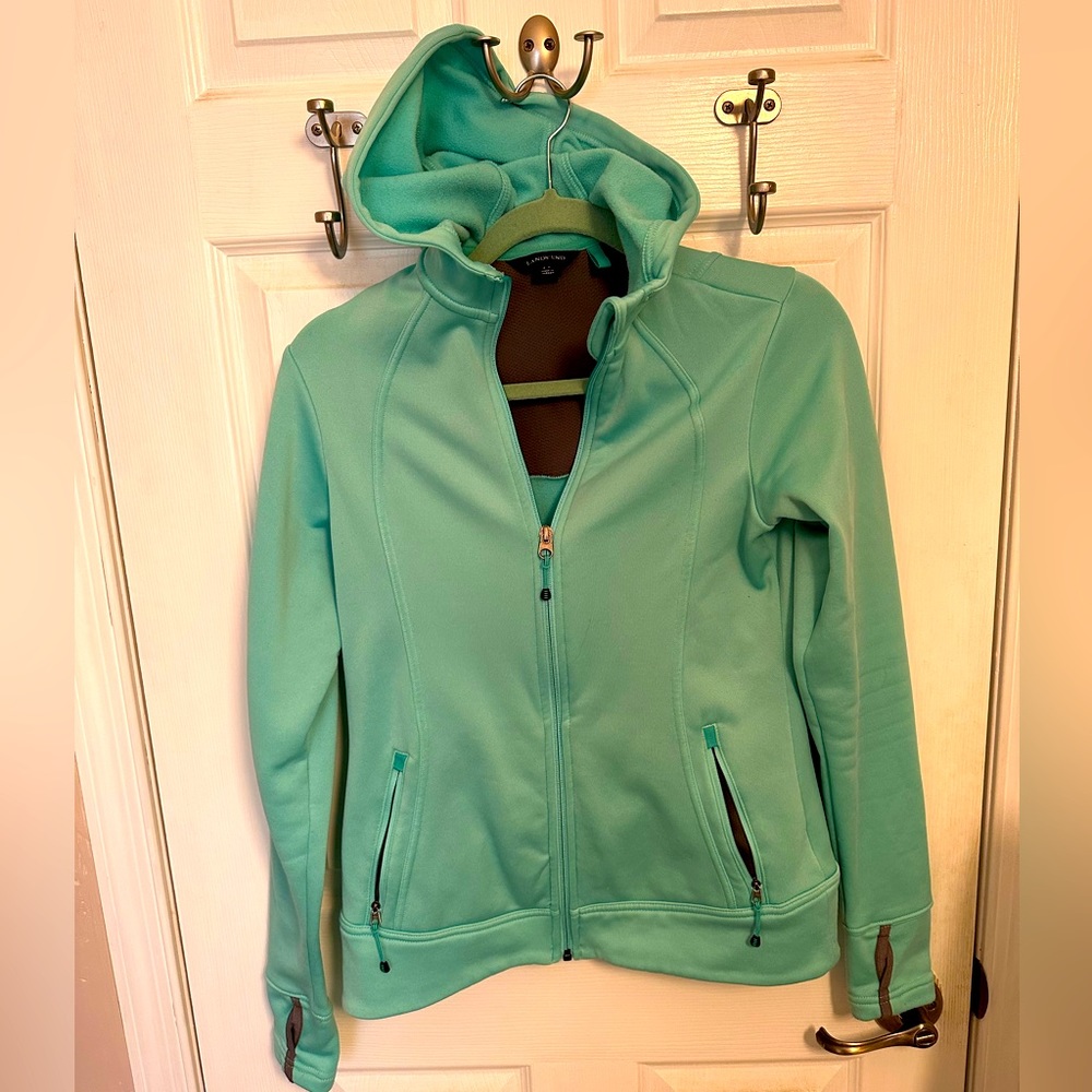 Size XS 2 - 4 Lands End Polartec fleece zip up hoodie, aqua blue w/ gray accents